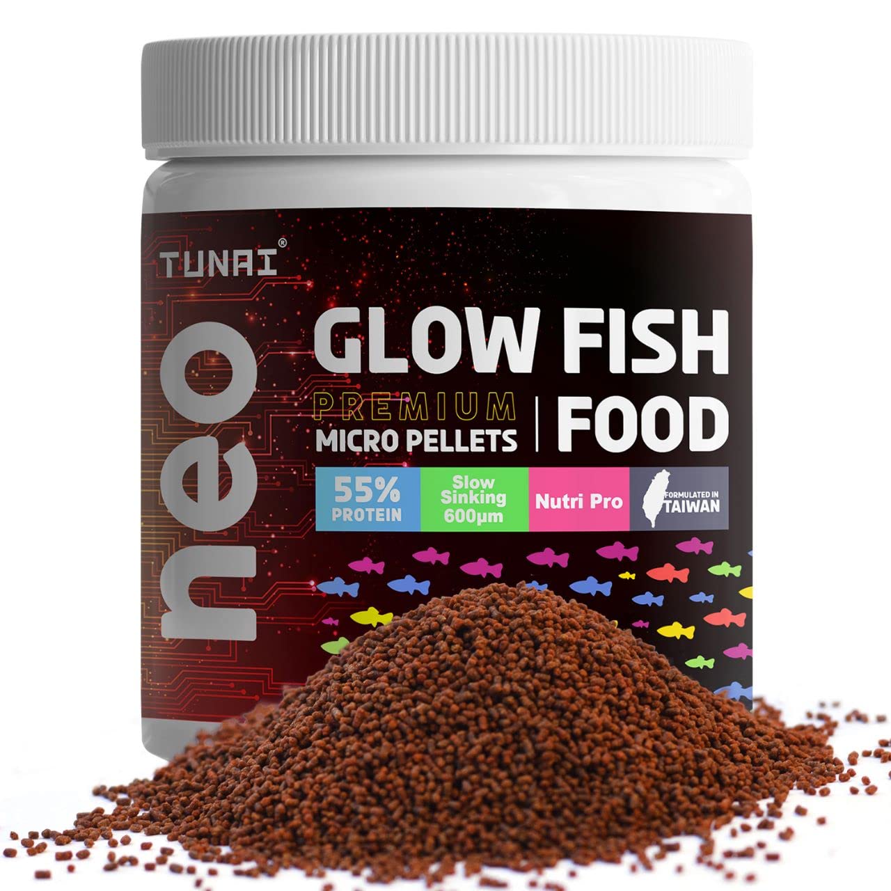 TUNAI Glow Widow Fish Food | 40G | 55% Protein for Strong Tissue Growth| 600 Microns Slow Sinking Aquarium Guppy Food (600 Microns Granules) - All Life Stages