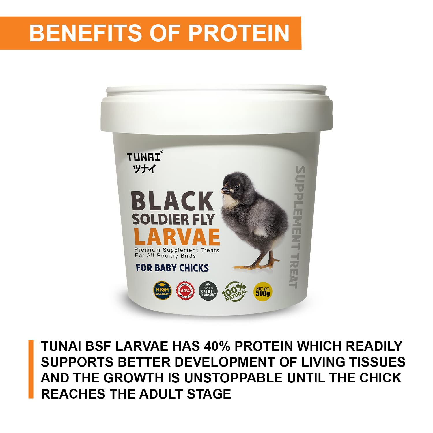 Tunai Black Soldier Fly Larvae | 500g | 60X Calcium, Fortified with 40% Protein Energy, Natural Supplement Treat for Poultry, Hen, Chicken, cockBaby Chicken