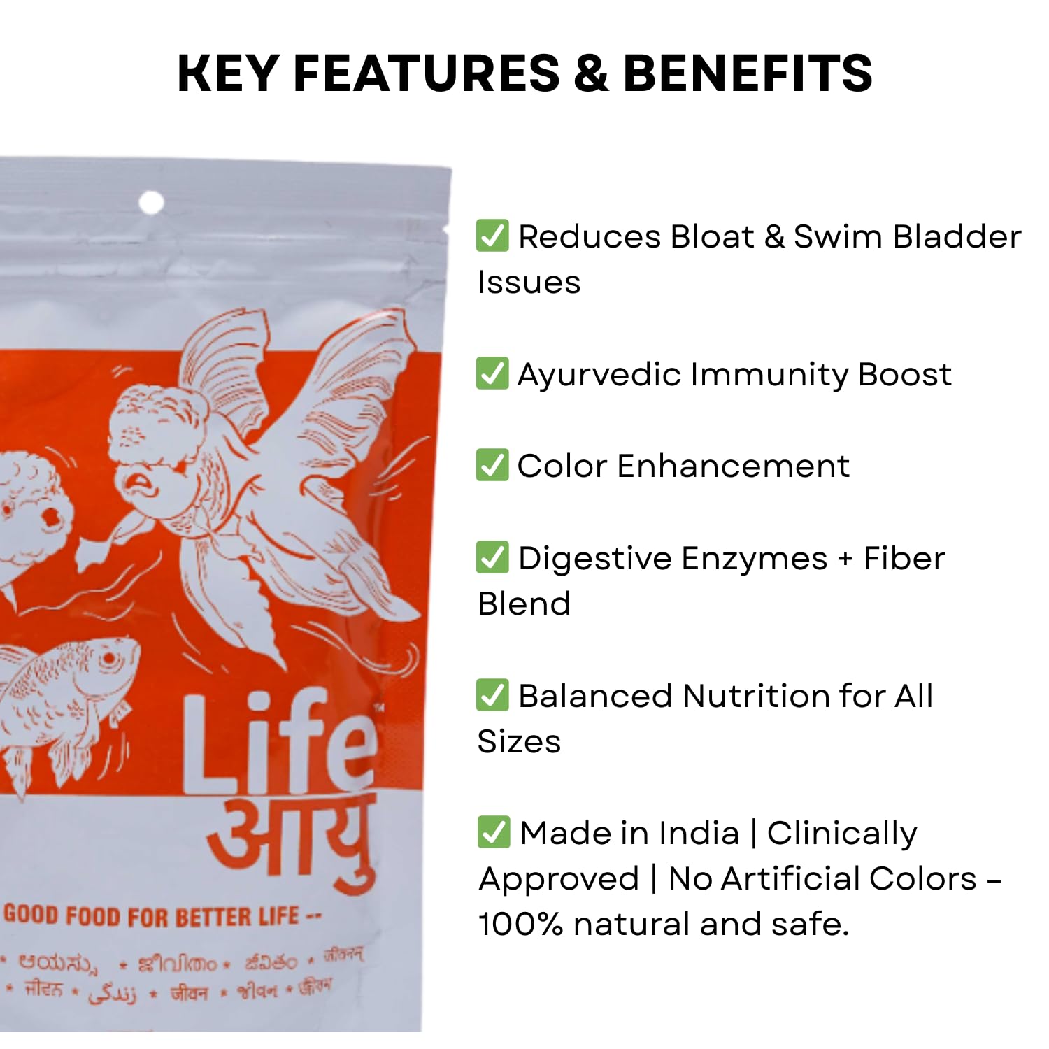 Life AAYU Gold Fish Food | Ayurvedic Soft-Sinking Pellets with Tulsi, Papaya & Paprika | for All Fish Sizes (Medium, 100gms)