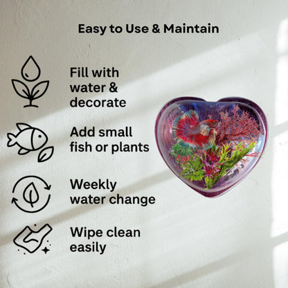 Wall Mount 15-inch Wine Heart Shape Fish Bowl – Without Stand | Modern Aquarium for Home, Office & Café Décor | Space Saving Design | Elegant Fish Tank & Plant Terrarium | Compact Design