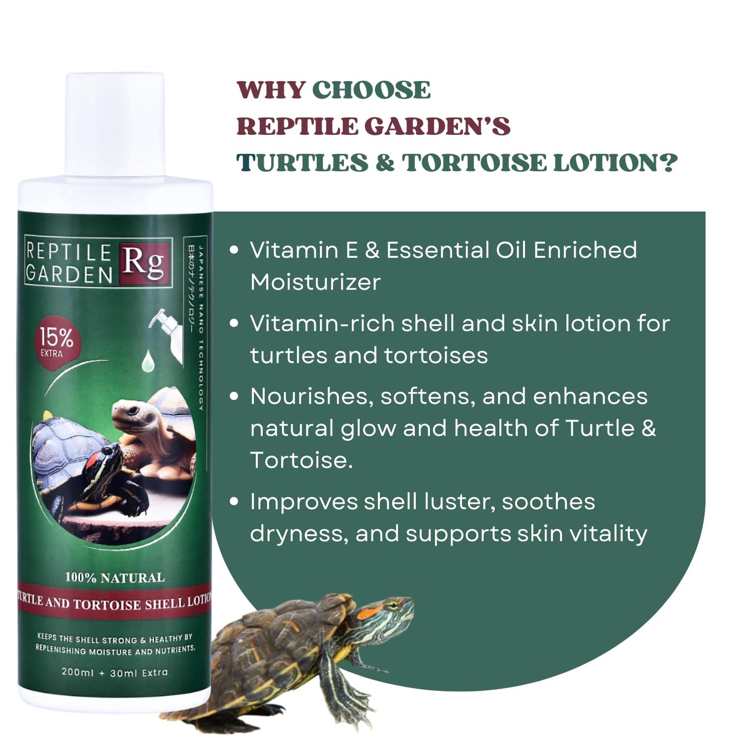 Reptile Garden Turtle & Tortoise Shell Lotion | Vitamin E & Essential Oil Enriched Moisturizer for Shell & Skin Health (200 ml + 30 ml)