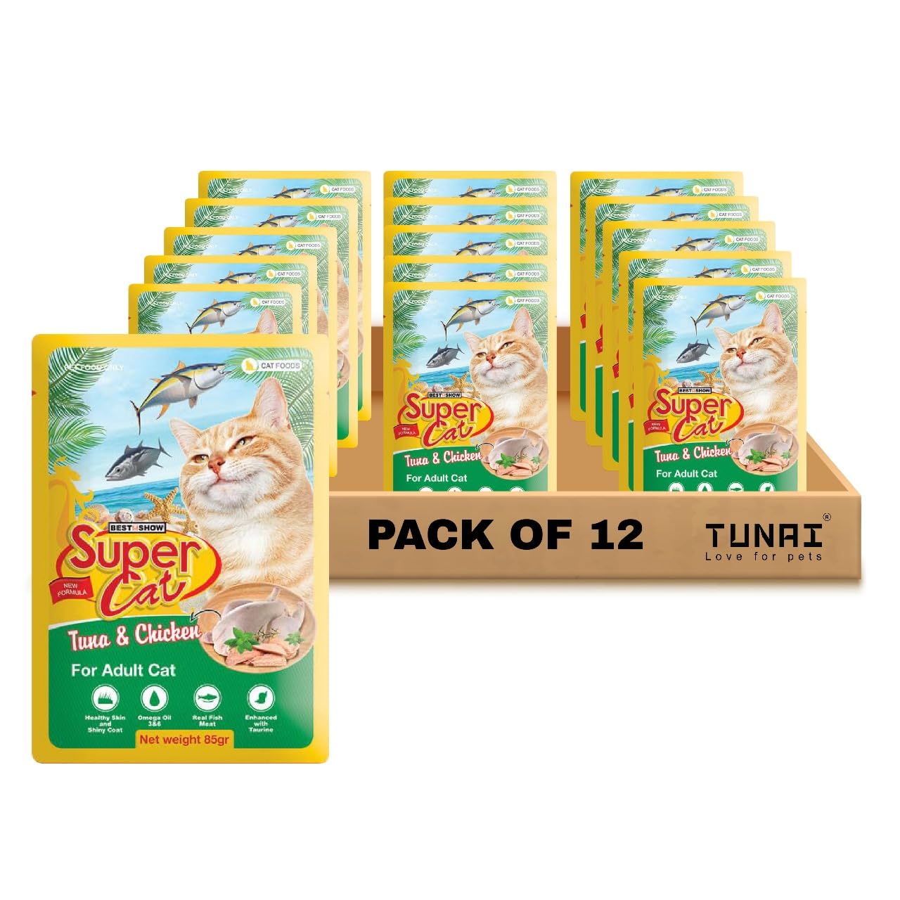 TUNAI SUPERCAT Tuna & Chicken Wet Gravy Daily Diet Food for Adult CAT (Pack of 12X80g) with The Goodness of Protein & Fat Rich Tuna, Chicken & Taurine, Supports Healthy Skin Coat