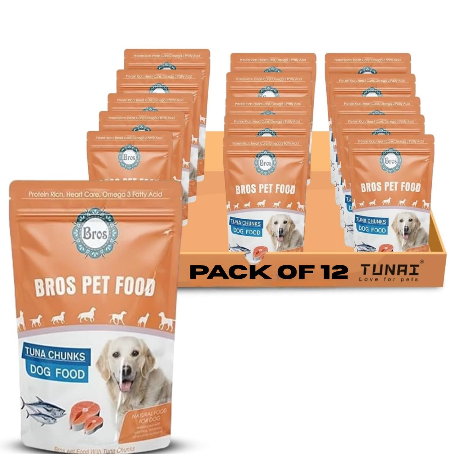 SF+ Bros Pet Dog Food | Pack of 12 | Natural Food for Dogs | Enhanced with Vitamins, Minerals and Other Nutrients (80gms, Tuna Chunks)