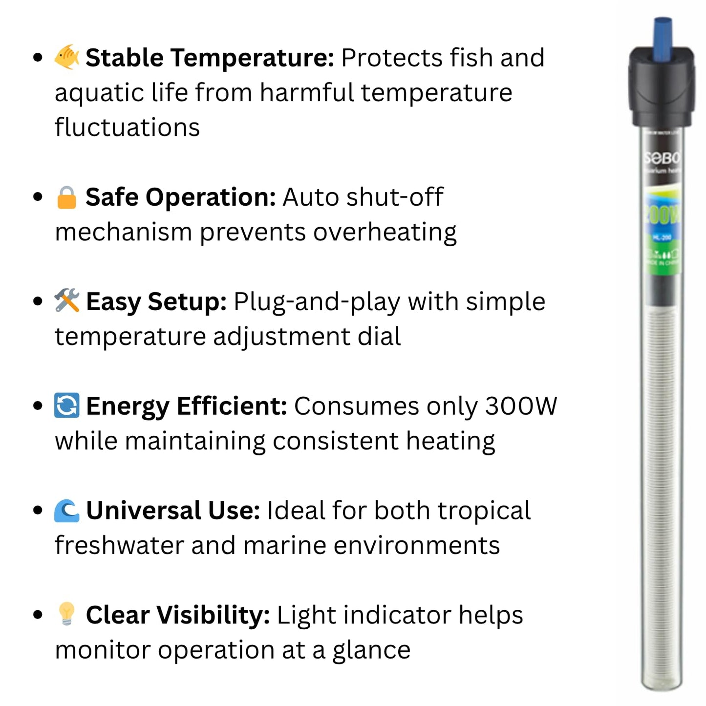 S0B0 HL-200 Ordinary Glass Aquarium Heater | Fully Submersible | Suitable for Tanks Upto 200L | Original from Tunai Store