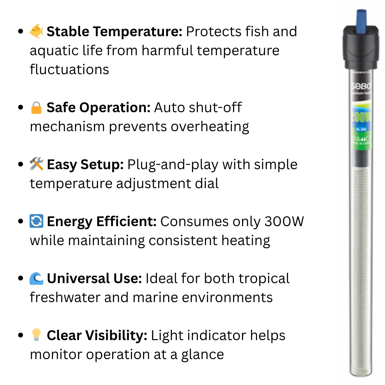 S0B0 HL-100 Ordinary Glass Aquarium Heater | Fully Submersible | Suitable for Tanks Upto 100L | Original from Tunai Store