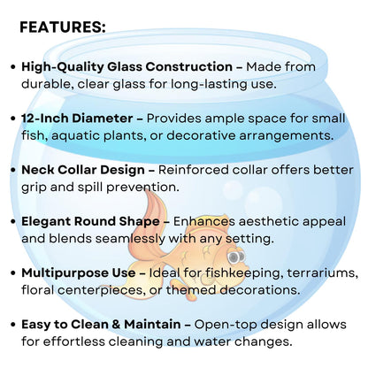 12-inch Glass Fish Bowl with Neck Collar, Suitable for Small Fish, Plants | Optimum Fish Tank Choice for Office & Home Decor