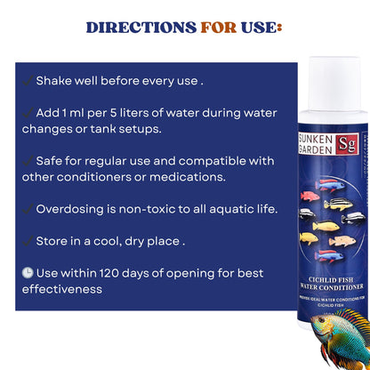 Sunken Garden Cichlid Fish Water Conditioner | Color, Clarity & Control for Your Cichlid Tank | Balanced Water Care for African, South American & Mixed Cichlid Fishes (100 ml)
