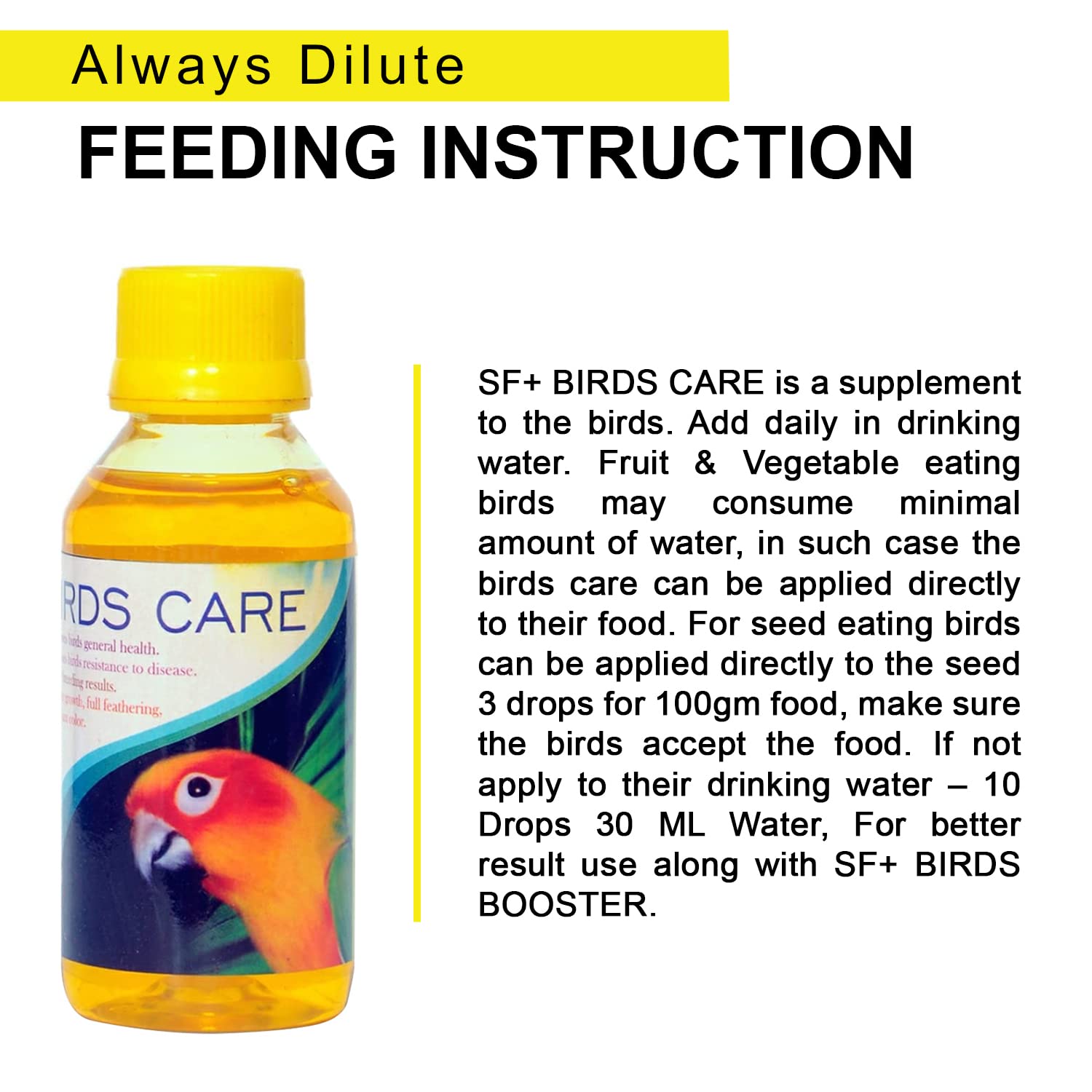 SF+ Birds Care |100ml|Healthy Supplement Fortified with Vitamins for Love Birds, Cockteils, Finches, Conures, Parrots, Macaws, Senegals, Parrots