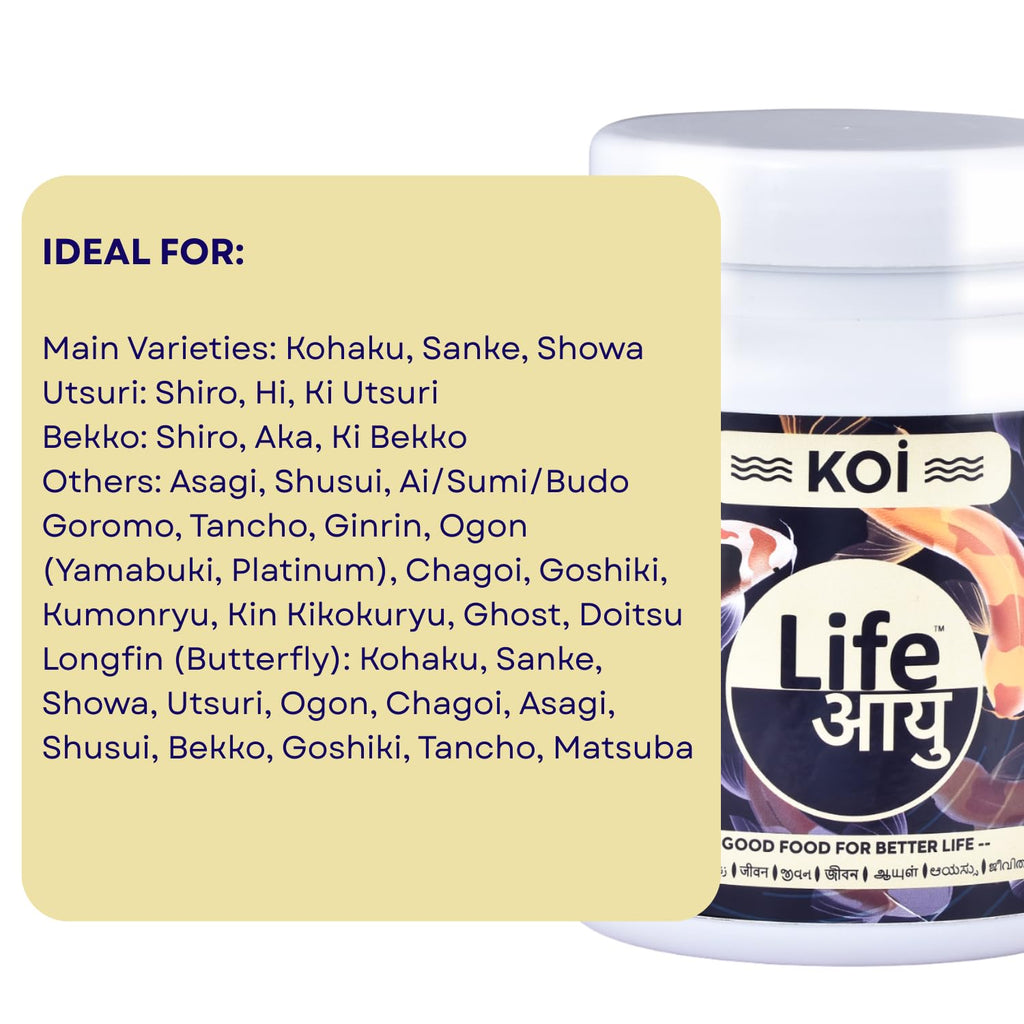 Life AAYU Koi Regular Aquarium Fish Food | Ayurvedic Floating Pellet for Indian Koi Breeds | Growth & Color Enhancer (300 GMS)