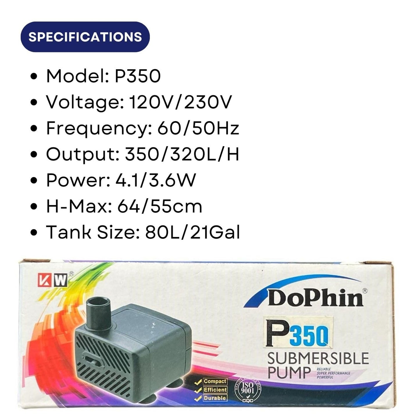 Dophin P350 Submersible Small Pump for Aquarium Fish Tank Fountain | Compact, Reliable and Durable | Output: 350/320L/H | Suitable for Tank Size 80L | (Original from Tunai Store)