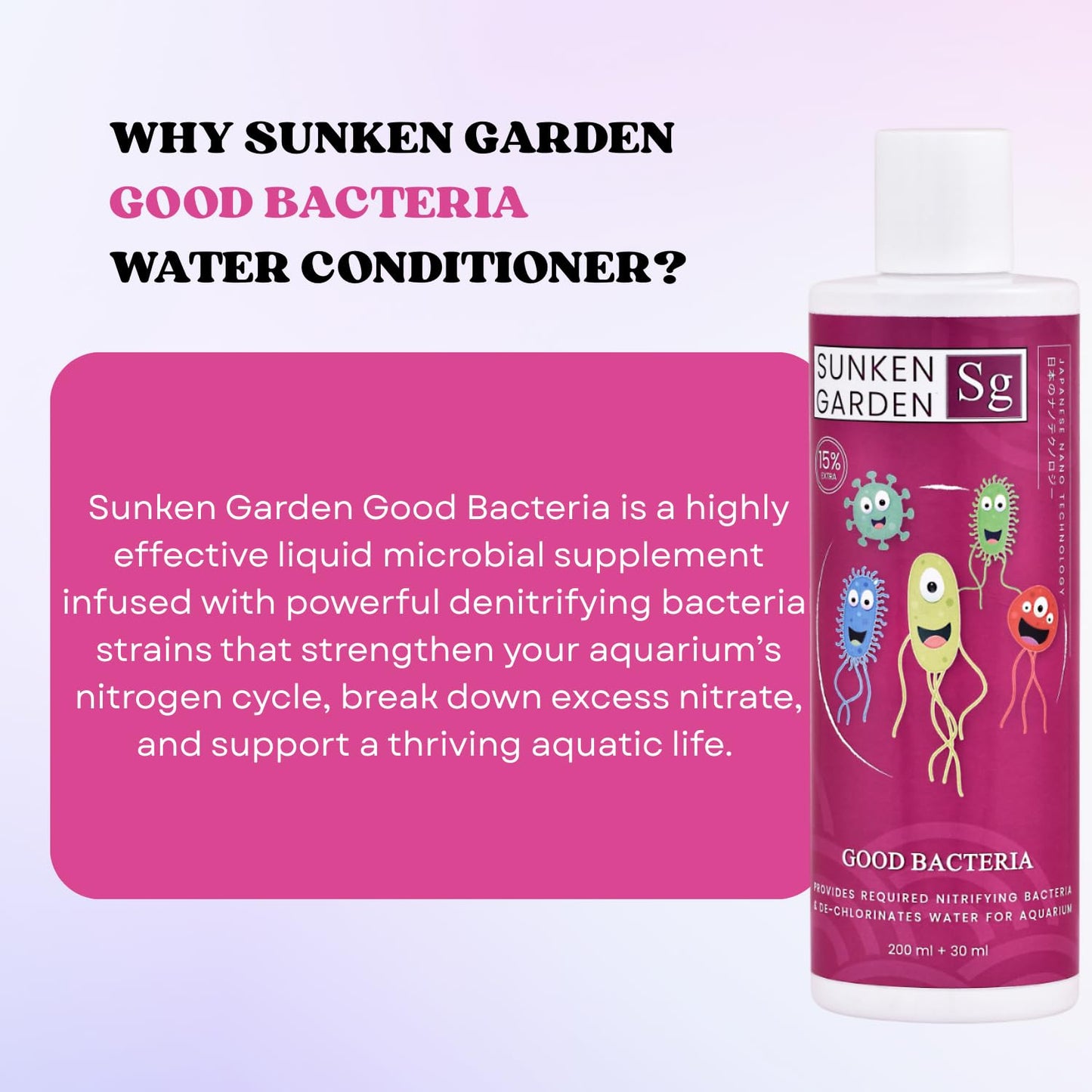 Sunken Garden Good Bacteria Aquarium Water Conditioner | Premium Denitrifying Bacteria for Water Clarity & Bio Stability | Safe for Shrimp & Invertebrates (200 ml + 30 ml)