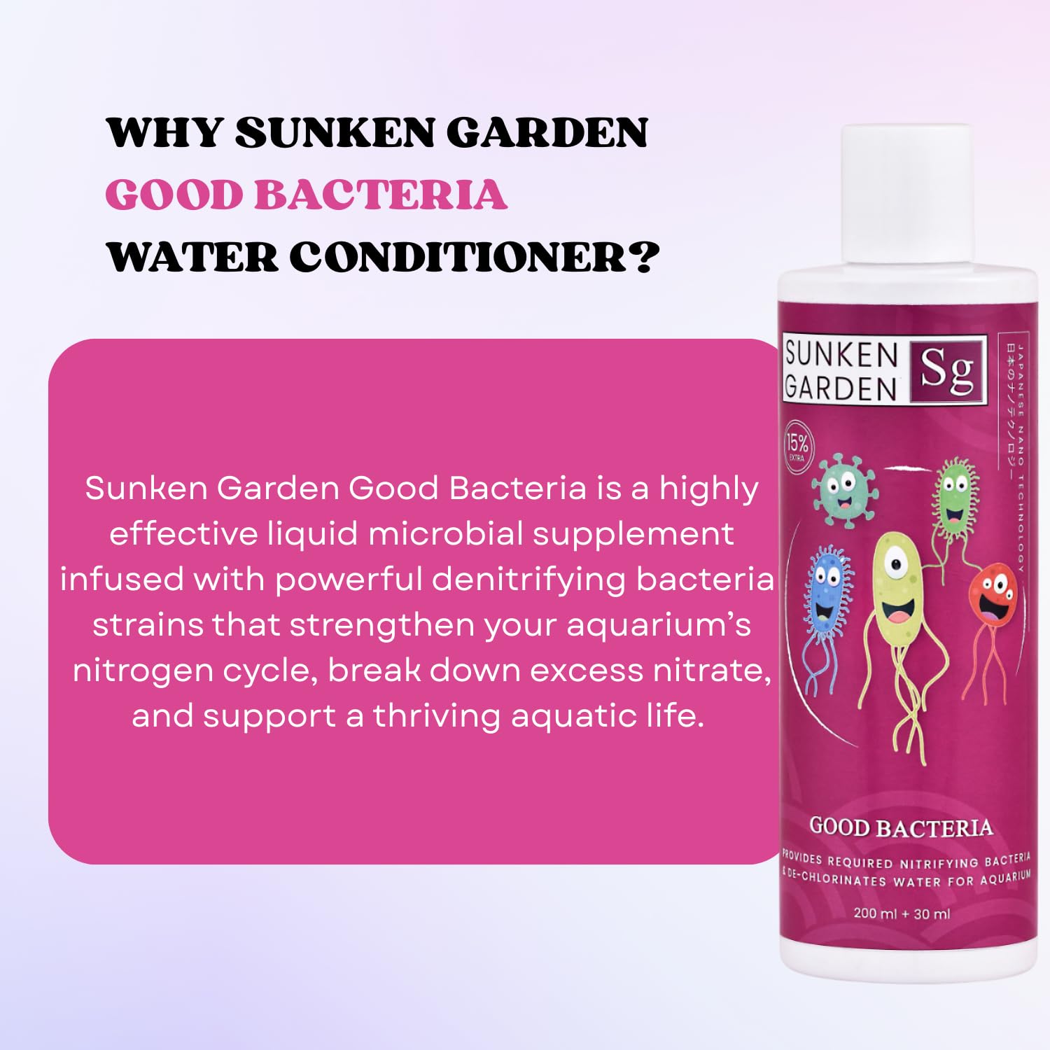 Sunken Garden Good Bacteria Aquarium Water Conditioner | Premium Denitrifying Bacteria for Water Clarity & Bio Stability | Safe for Shrimp & Invertebrates (200 ml + 30 ml)