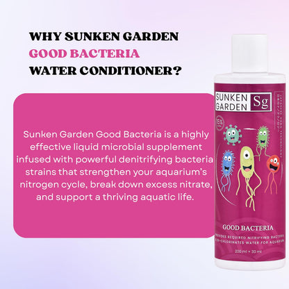 Sunken Garden Good Bacteria Aquarium Water Conditioner | Premium Denitrifying Bacteria for Water Clarity & Bio Stability | Safe for Shrimp & Invertebrates (200 ml + 30 ml)