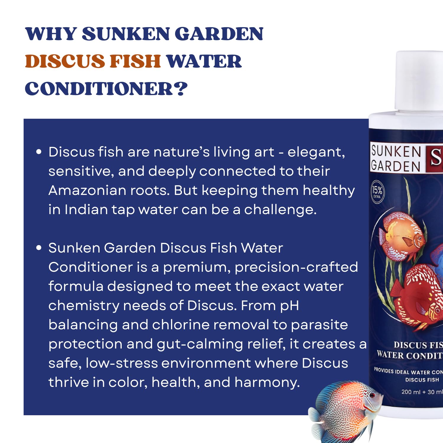 Sunken Garden Discus Fish Water Conditioner | Specialized Habitat Care for Discus Fish | Soft Water + Stress Relief + Fluke Control (200 ml + 30 ml)