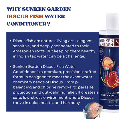 Sunken Garden Discus Fish Water Conditioner | Specialized Habitat Care for Discus Fish | Soft Water + Stress Relief + Fluke Control (200 ml + 30 ml)