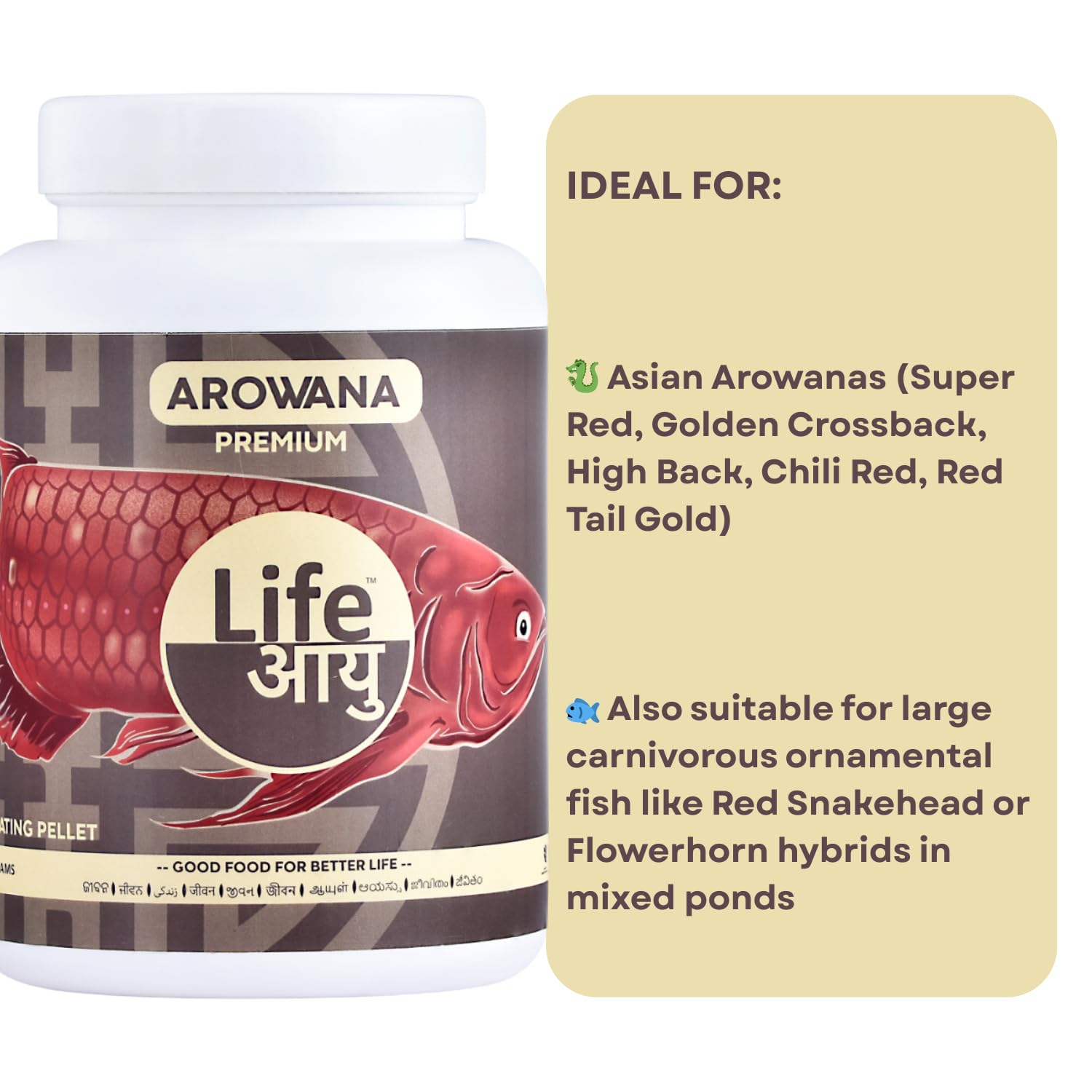 Life AAYU Arowana Premium Aquarium Fish Food | Handmade Ayurvedic Diet for Asian Arowanas | Color Boost, Muscle Growth & Immunity (450 GMS)