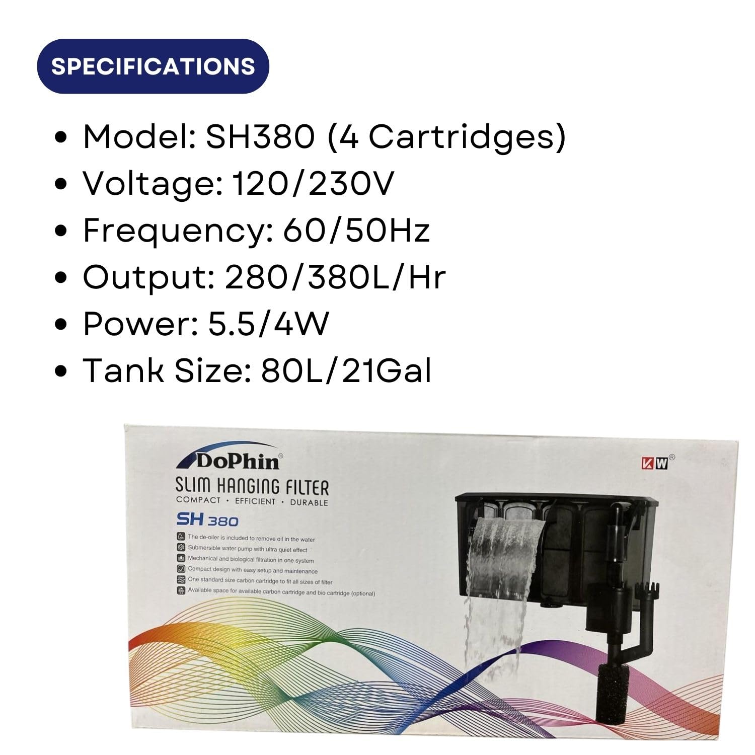 Dophin SH380 Slim Hanging Filter for Aquarium Fish Tank | Mechanical and Biological Filtration | Output: 280/380L/H | Suitable for Tank Size 80L | (Original from Tunai Store)