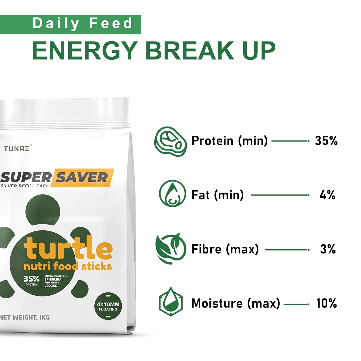 Tunai Super Saver Adult Turtle Food Spirulina Added for Good Shell Health & Daily Diet |1Kg| for Red-Eared, Musk, Mud, Cooter Turtle and Land Tortoise