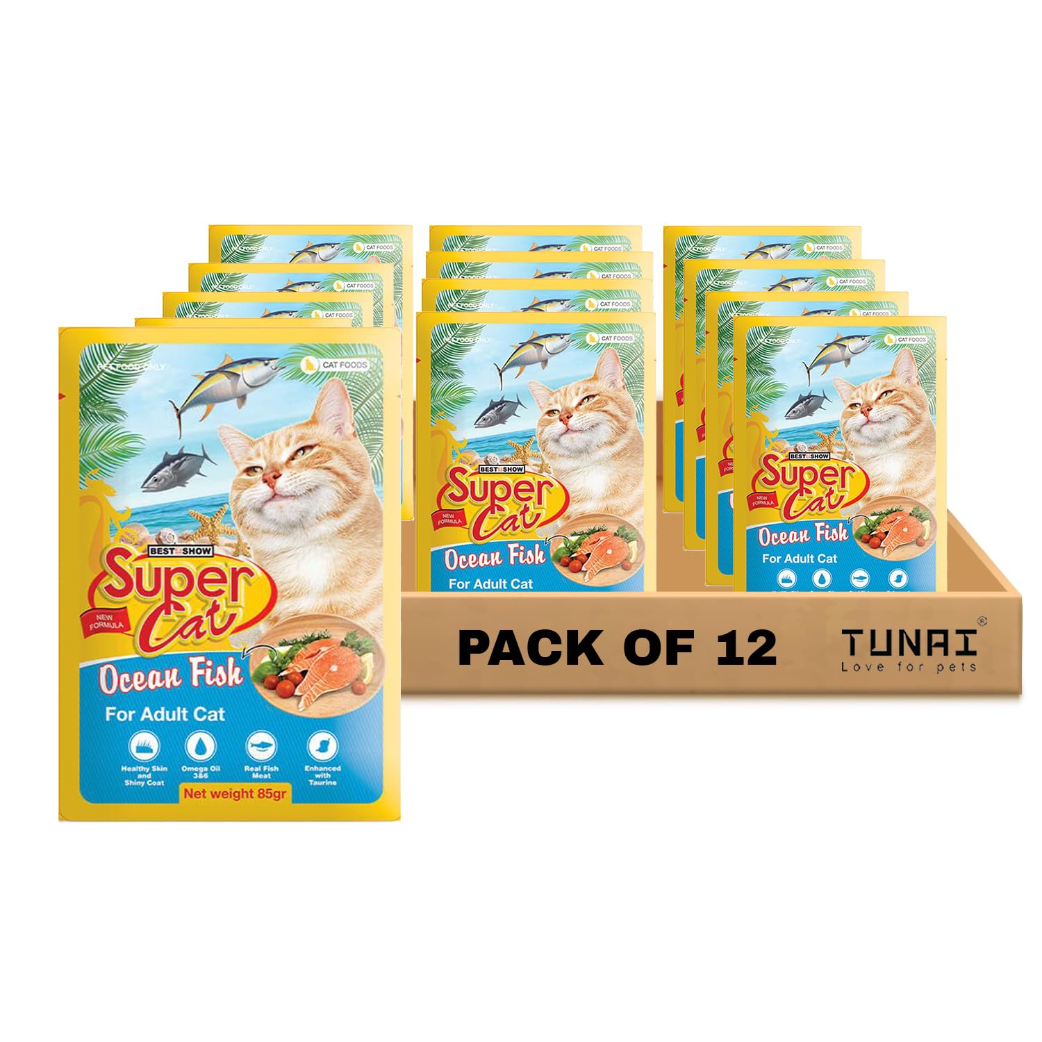 TUNAI SUPERCAT Ocean Fish Wet Gravy Daily Diet Food for Adult CAT (Pack of 12X80g) with The Goodness of Protein & Fat Rich Tuna and Taurine, Supports Healthy Skin Coat and Boost Instant Energy