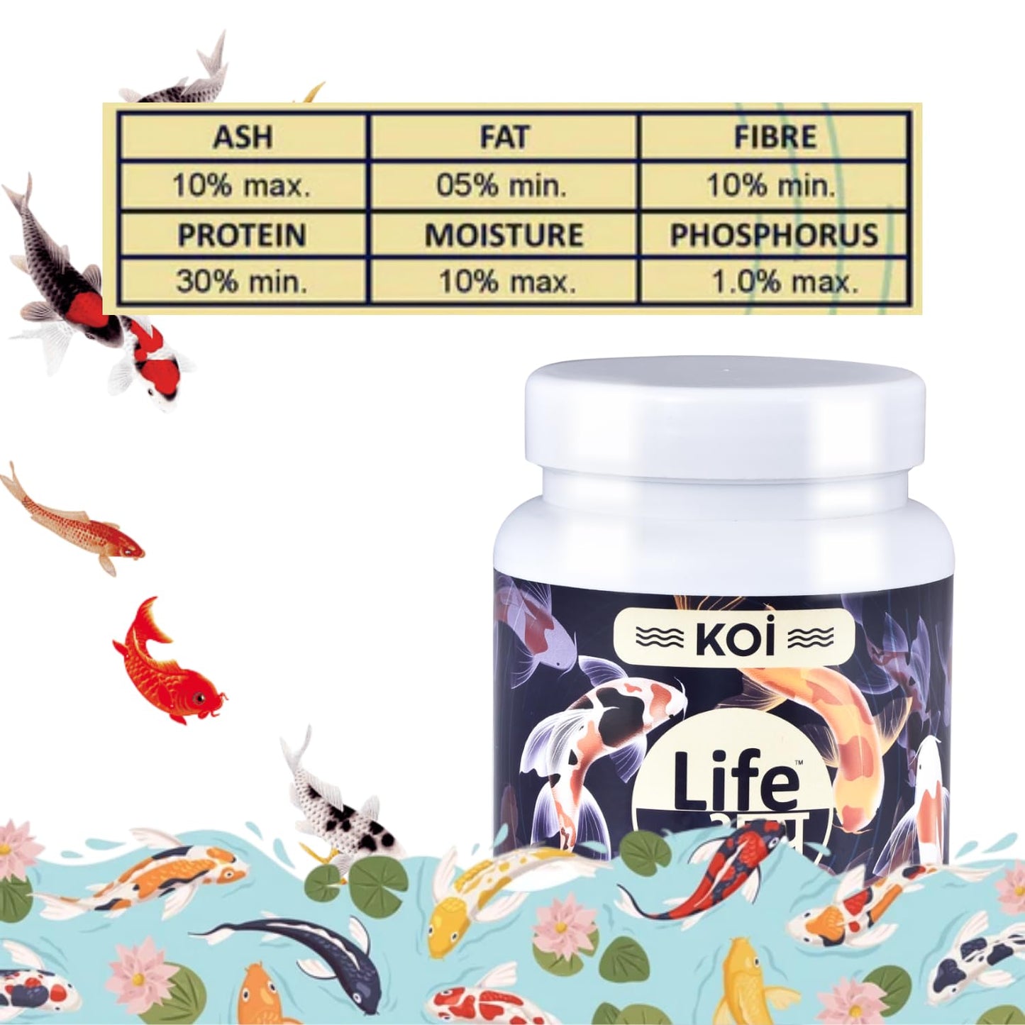 Life AAYU Koi Regular Aquarium Fish Food | Ayurvedic Floating Pellet for Indian Koi Breeds | Growth & Color Enhancer (300 GMS)