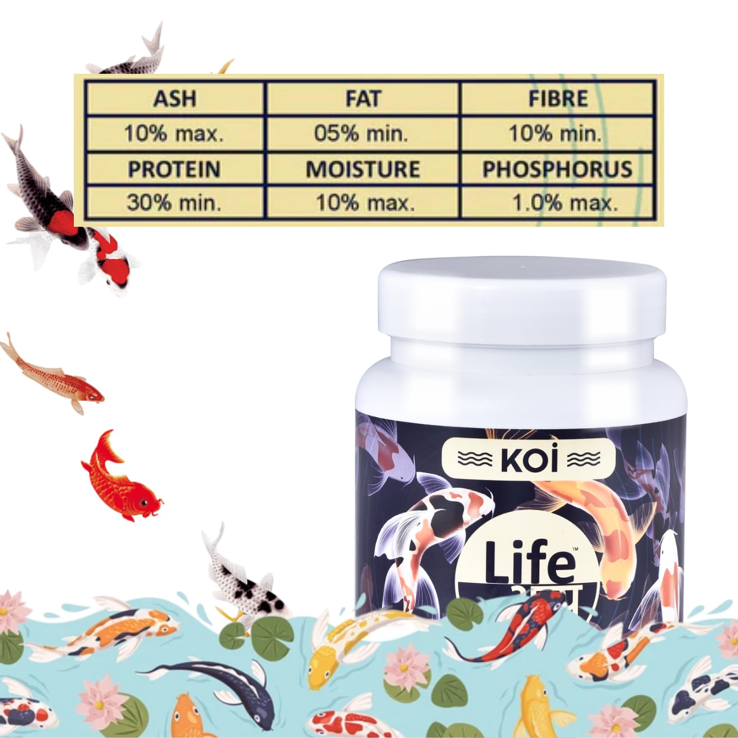 Life AAYU Koi Regular Aquarium Fish Food | Ayurvedic Floating Pellet for Indian Koi Breeds | Growth & Color Enhancer (500 GMS)