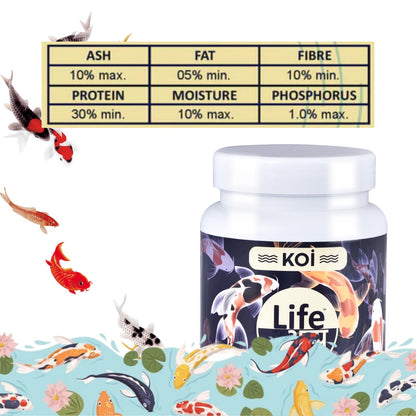 Life AAYU Koi Regular Aquarium Fish Food | Ayurvedic Floating Pellet for Indian Koi Breeds | Growth & Color Enhancer (500 GMS)