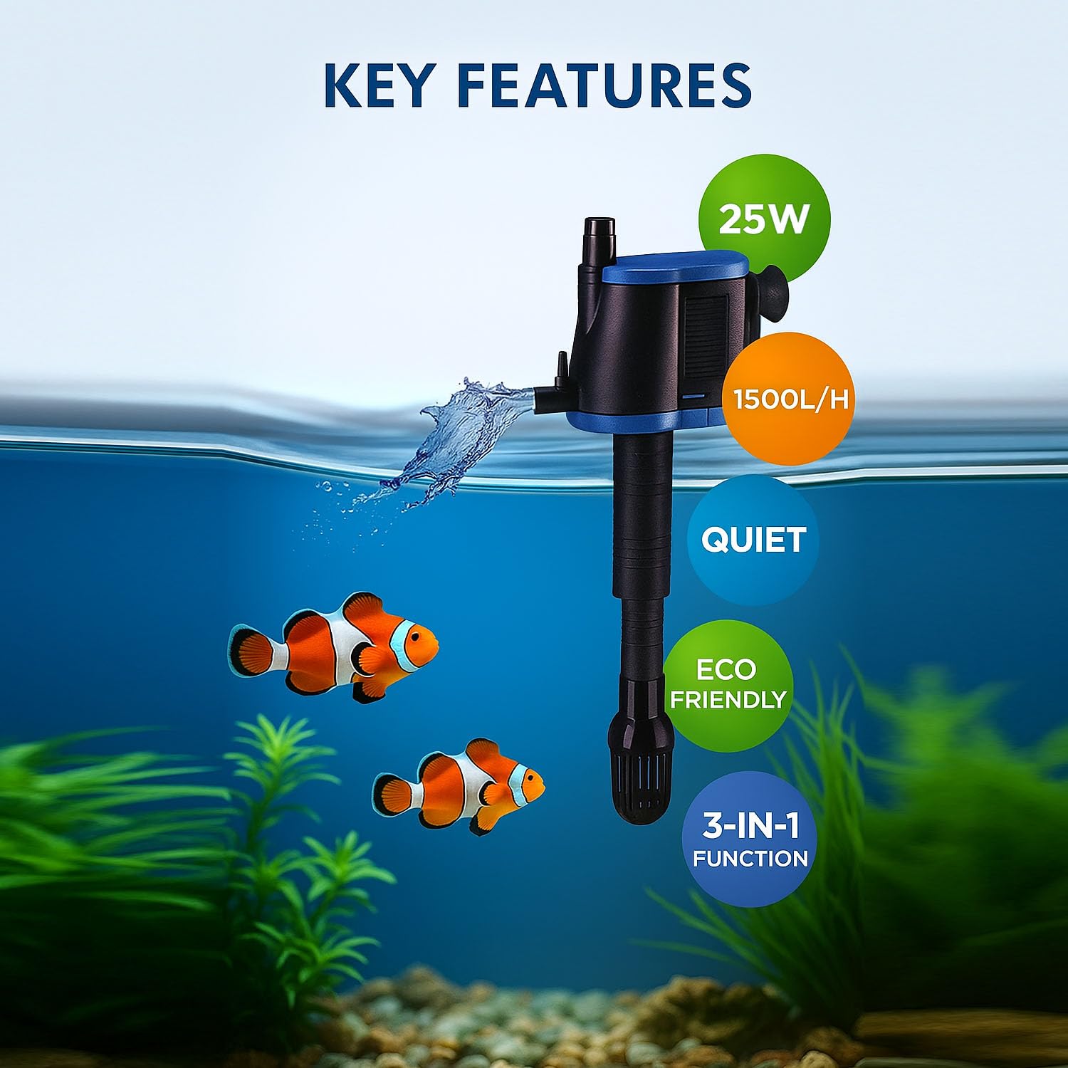 JAINSONS PET PRODUCTS RS Electrical RS-730 Aquarium Submersible Pump | 25W Powerhead | 1500L/H Flow | Filter & Oxygen Pump for Fresh & Saltwater Tanks (MEDIUM)