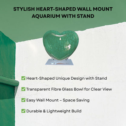 Wall Mount 9-inch Green Heart Shape Fish Bowl – with Stand | Modern Aquarium for Home, Office & Café Décor | Space Saving Design | Elegant Fish Tank & Plant Terrarium | Compact Design