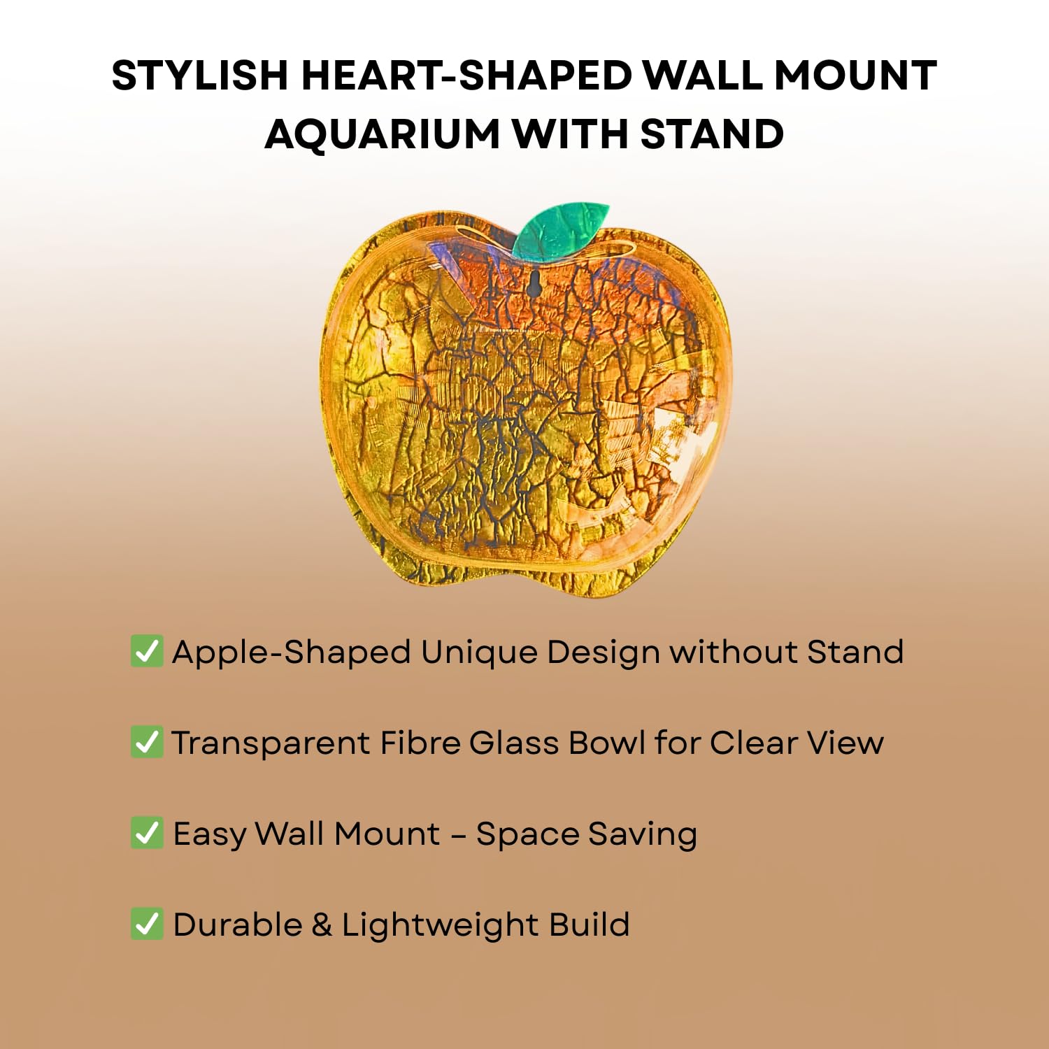 Wall Mount 15-inch Gold Apple Shape Fish Bowl – Without Stand | Modern Aquarium for Home, Office & Café Décor | Space Saving Design | Elegant Fish Tank & Plant Terrarium | Compact Design