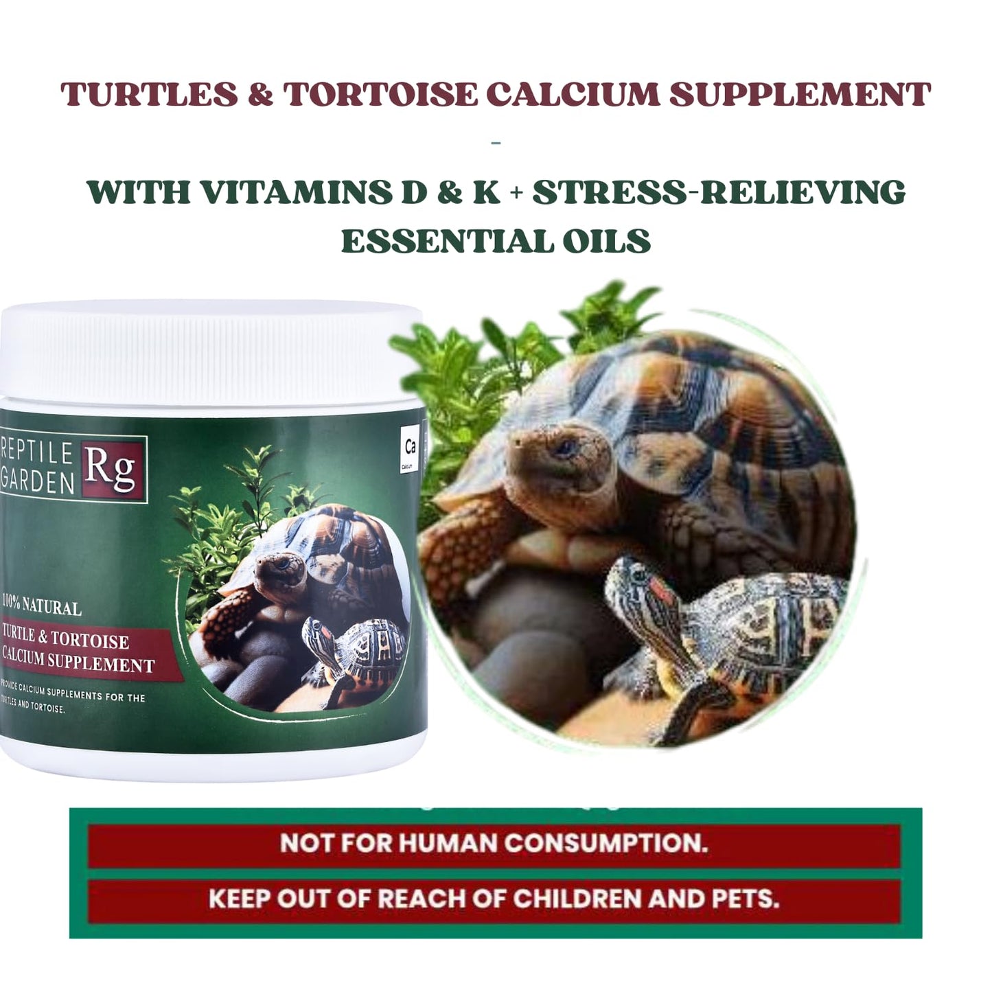 Reptile Garden Turtle & Tortoise Calcium Supplement | with Vitamins D & K | Stress-Relieving Essential Oils (100 GMS)
