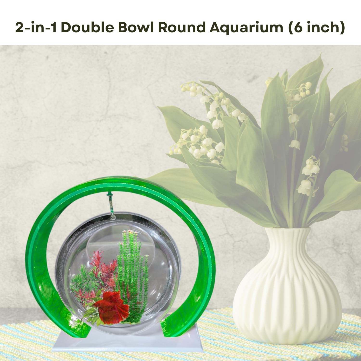Double Bowl 6-inch Green Round Fish Bowl – Standing & Hanging Decorative Aquarium for Home & Office | 2-in-1 Double Bowl Round Fish Tank