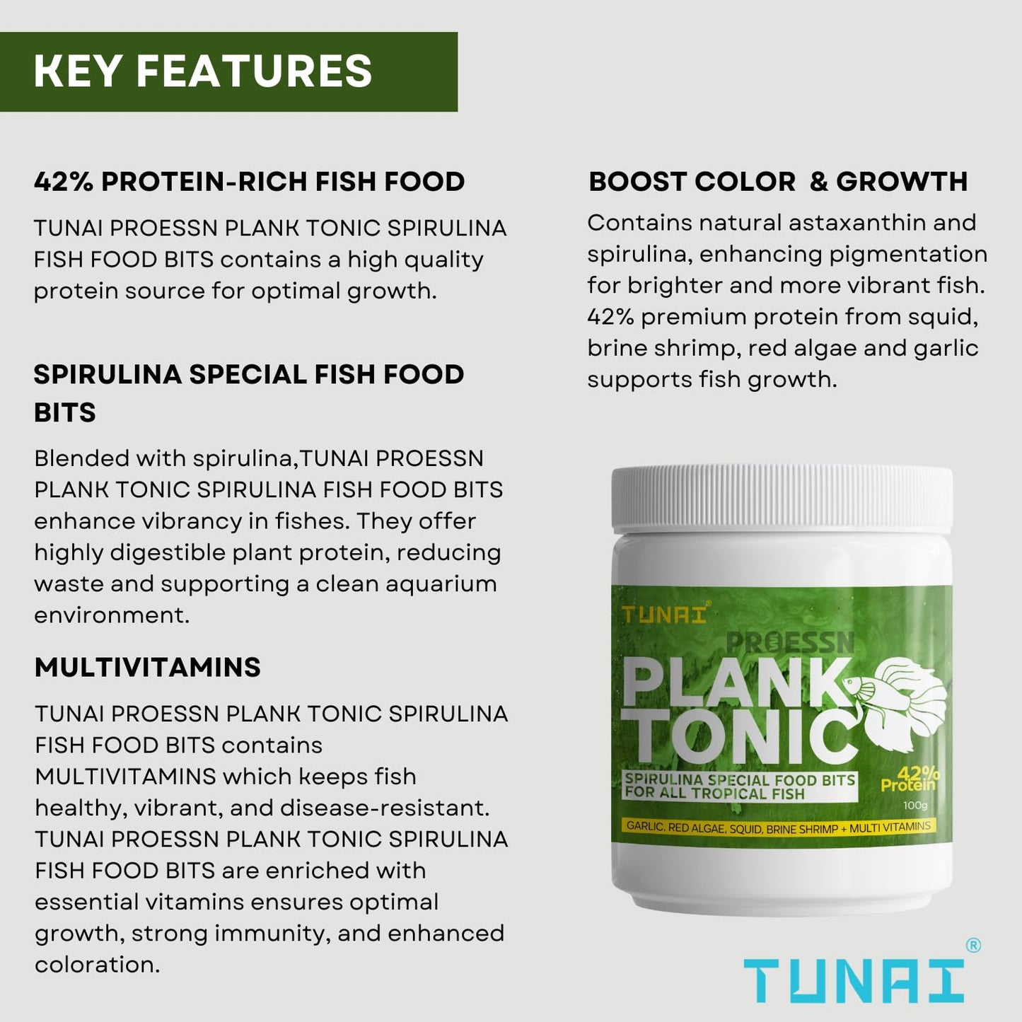 Tunai Plank Tonic Spirulina Special Fish Food Bits with 42% Protein | Suitable for Angel, Gold Fish, Betta, Discus, Arowana, Oscar, Red Parrot, Cichlids