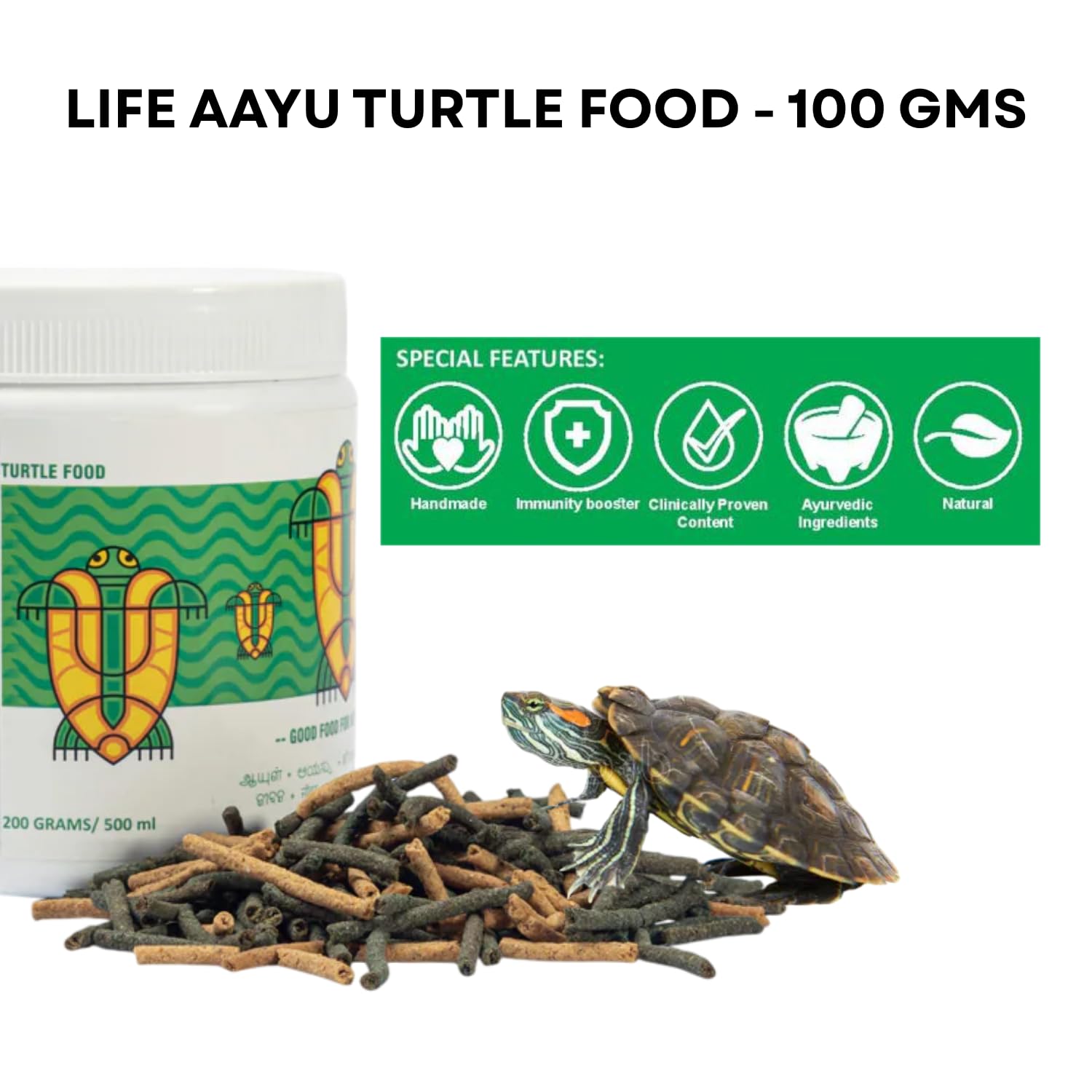 Life AAYU Adult Turtle Food | Ayurvedic Diet for Strong Shell, Gut Health & Digestion | Spirulina & Calcium Enriched | (100 GMS)
