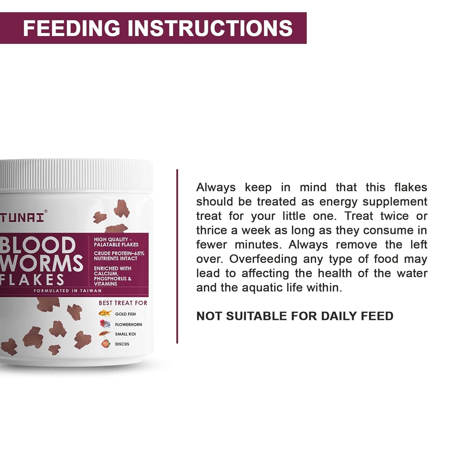 TUNAI Blood Worm Flakes with 55% Protein |50G| Supplement Treat, Boost Color and Fish Food for Gold Fish, Flowerhorn, Small Koi, & Discus, 1 Count