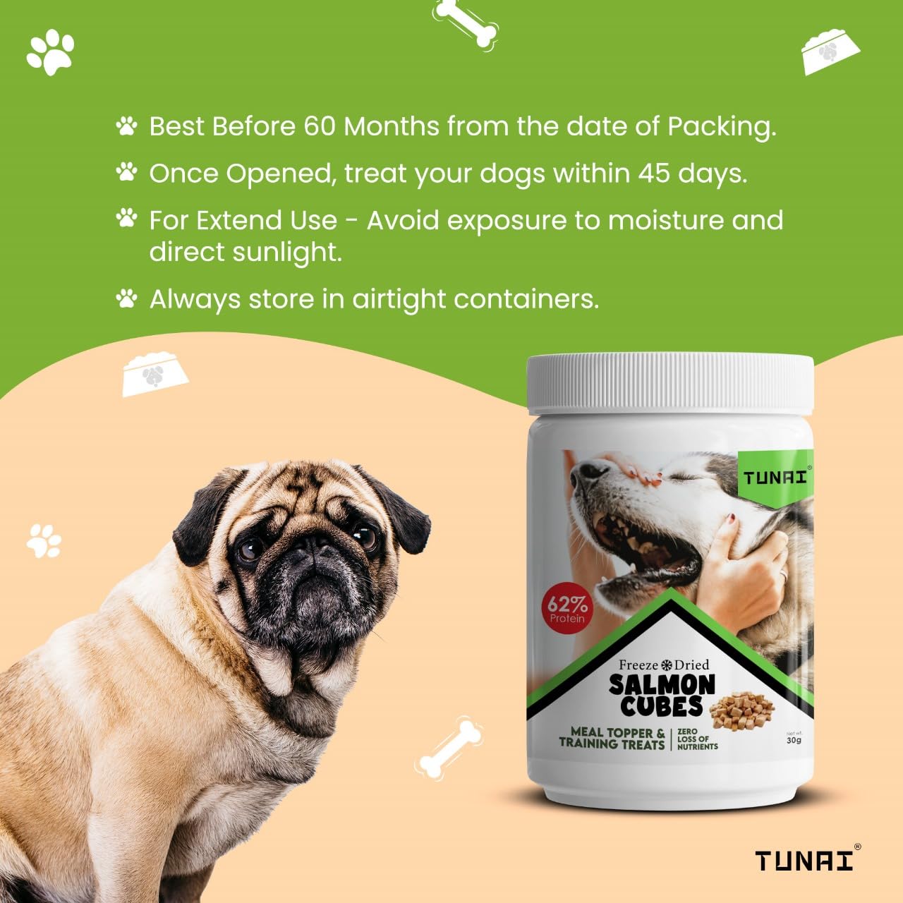 Tunai Premium Freeze Dried Treats for Adult Dogs & Weaning Puppies, 30g (Mini, Salmon Cubes)