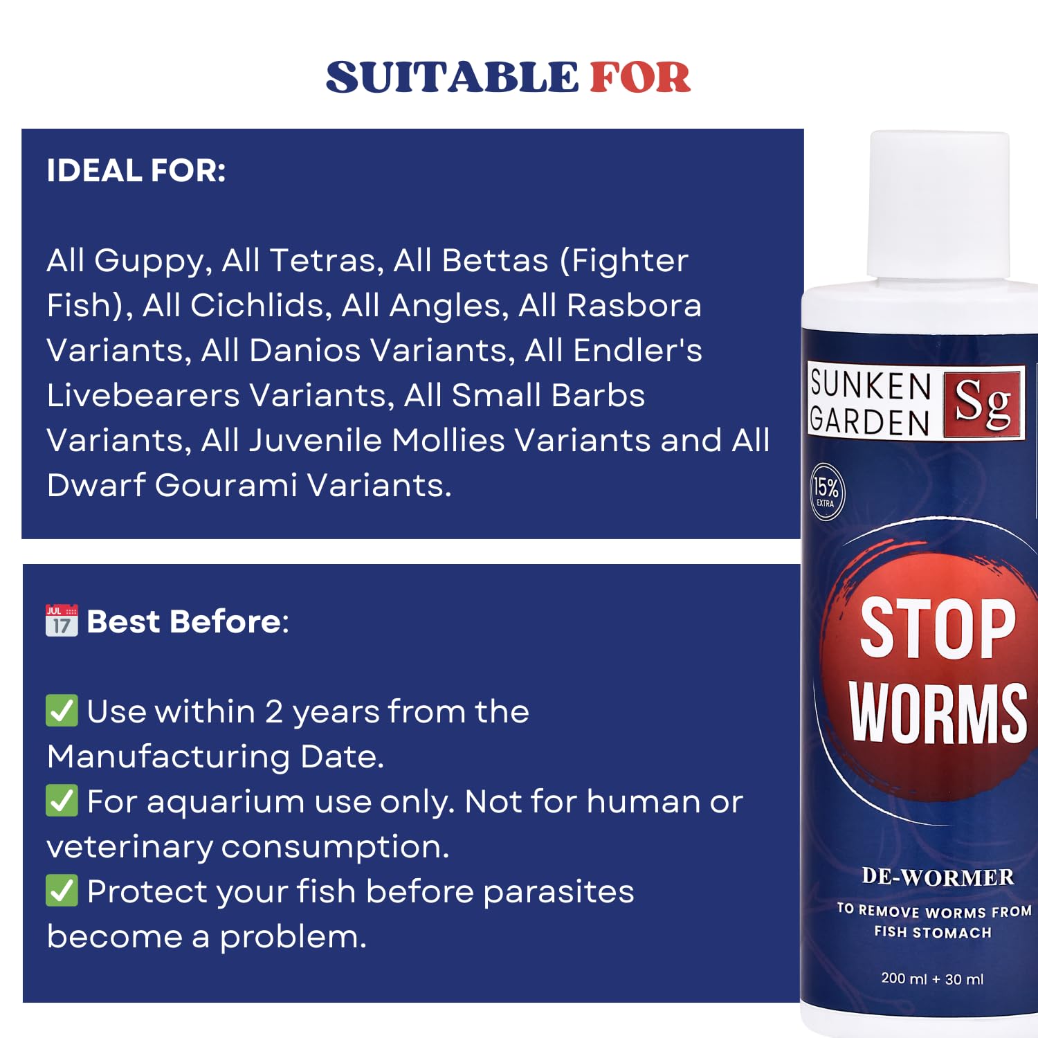 Sunken Garden Stop Worms| Liquid De-Wormer for Freshwater Aquariums | Safe for Fish, Shrimp & Snails (200 ml + 30 ml)