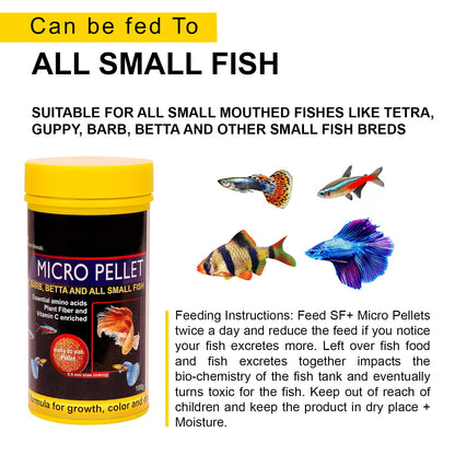 TUNAI SF+ Micro Fish Food for Adult Tetra, Guppy, Barb, Bettas, Color Widow and Small Fish Groups, Effective for Color and Growth (100g - Micro Pellets)
