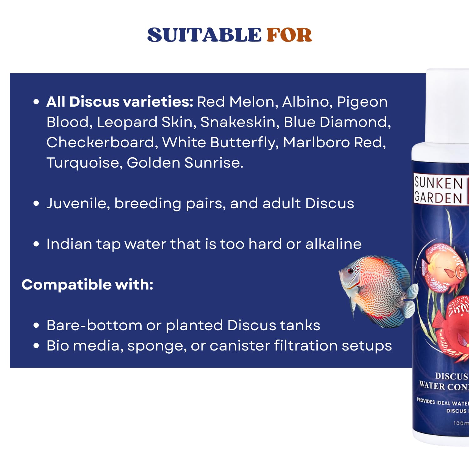 Sunken Garden Discus Fish Water Conditioner | Specialized Habitat Care for Discus Fish | Soft Water + Stress Relief + Fluke Control (100 ml)