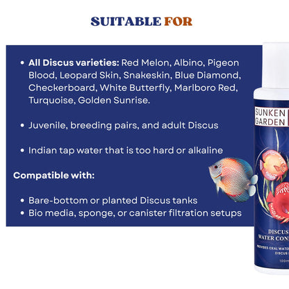 Sunken Garden Discus Fish Water Conditioner | Specialized Habitat Care for Discus Fish | Soft Water + Stress Relief + Fluke Control (100 ml)