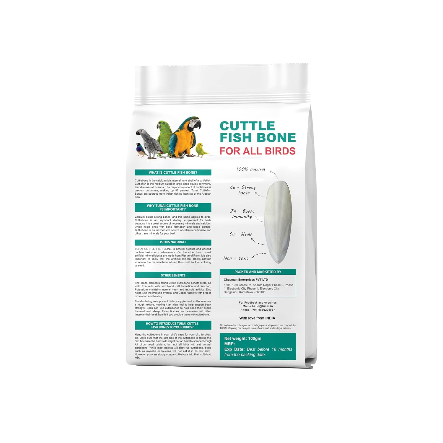 Tunai Cuttle Fish Bone | 100g | Natural Calcium Supplement for Better Bones and Sharpen Beak, Best Treat for for Budgies, Love Birds, Conures, Macaws Natural Calcium Booster for All Caged Birds