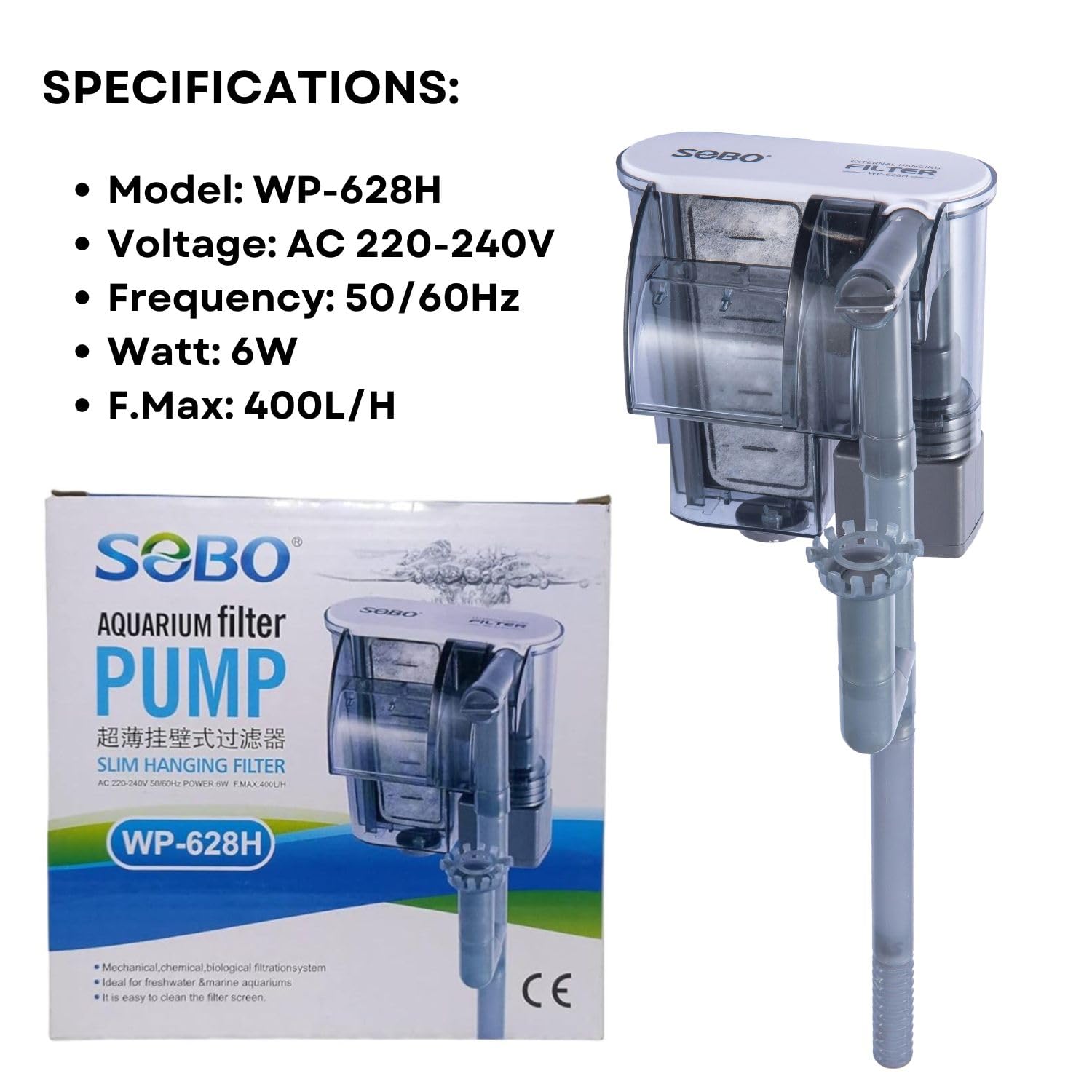 S0B0 WP-628H Slim Hanging Filter for Aquarium Fish Tank | Mechanical, Chemical and Biological Filtration | Output: 400L/H | (Original from Tunai Store)
