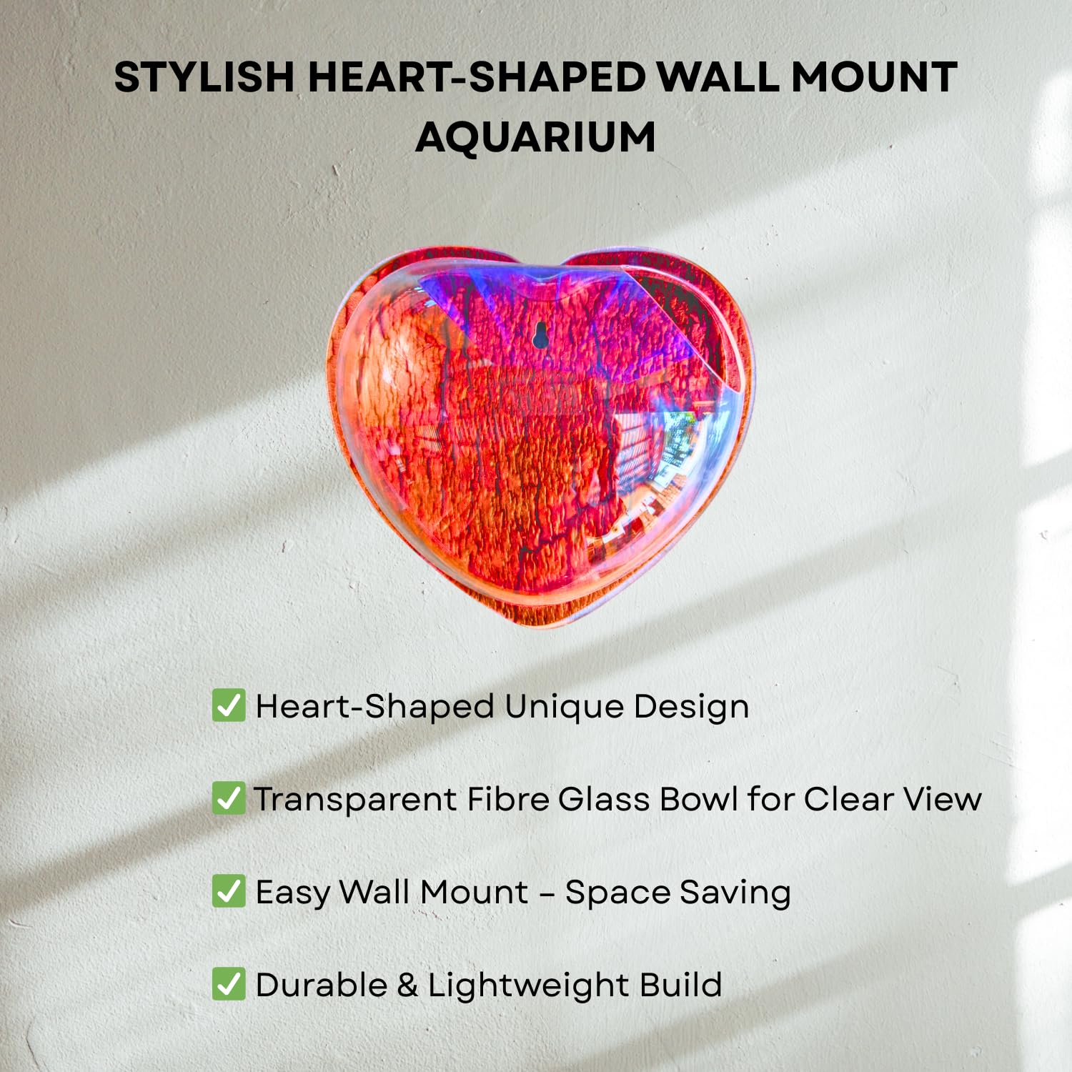 Wall Mount 15-inch Red Heart Shape Fish Bowl – Without Stand | Modern Aquarium for Home, Office & Café Décor | Space Saving Design | Elegant Fish Tank & Plant Terrarium | Compact Design