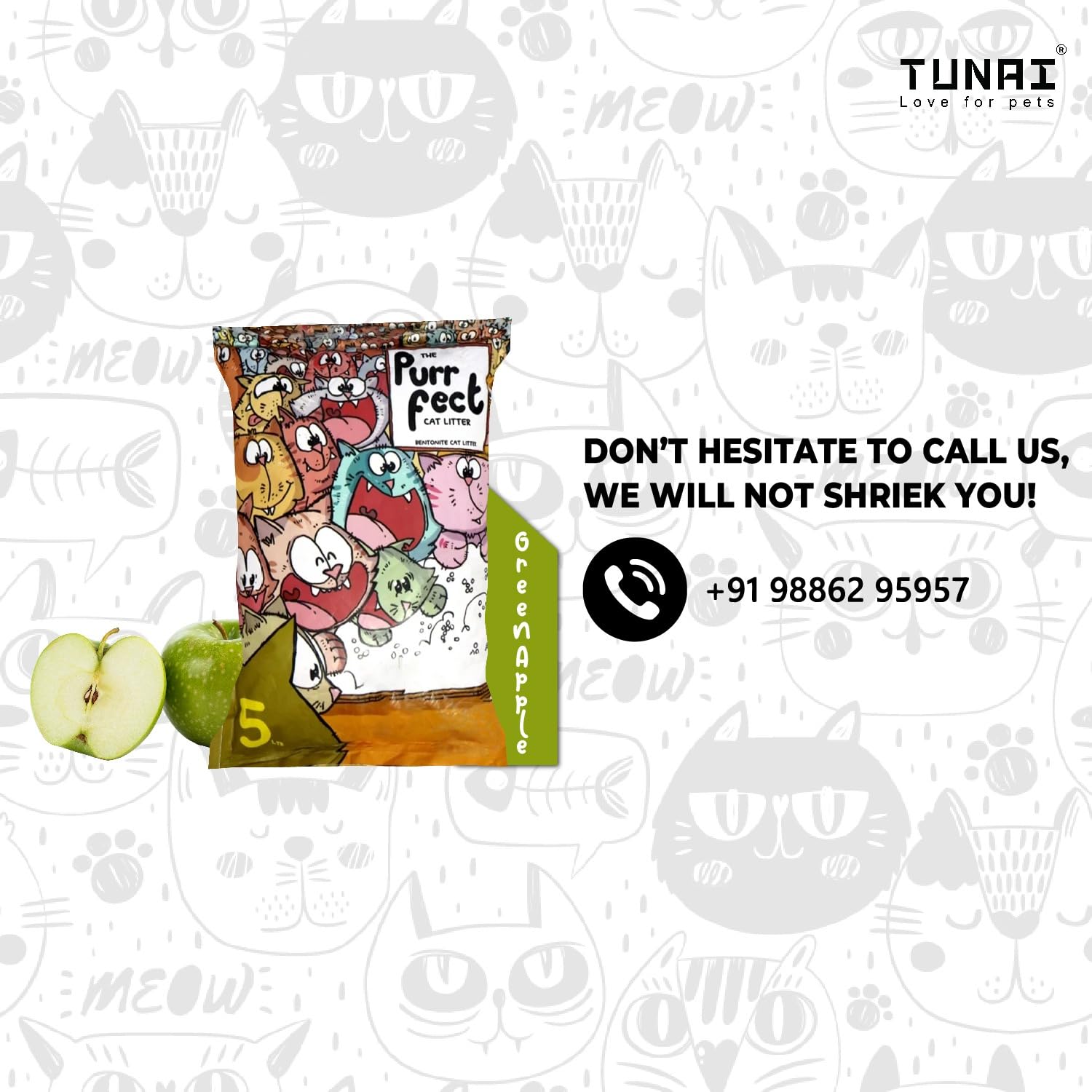 TUNAI Purrfect Natural Green Apple Flavoured Bentonite Clay Cat Litter for All Life Stages of Cats (Green Apple, 5 Litre)