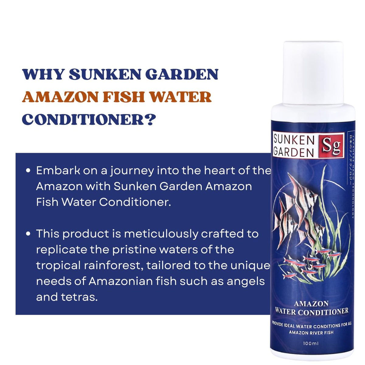 Sunken Garden Amazon Fish Water Conditioner | pH Reducer + Chlorine Neutralizer + Parasite Prevention | Made for All Amazonian Fish Such as Angels and tetras (100 ml)