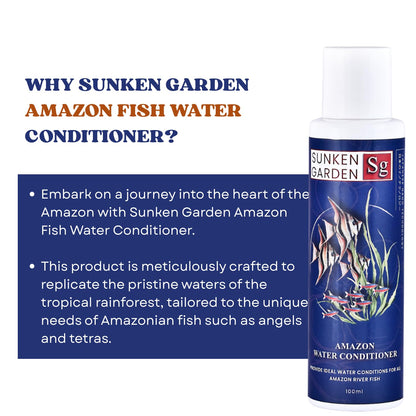 Sunken Garden Amazon Fish Water Conditioner | pH Reducer + Chlorine Neutralizer + Parasite Prevention | Made for All Amazonian Fish Such as Angels and tetras (100 ml)