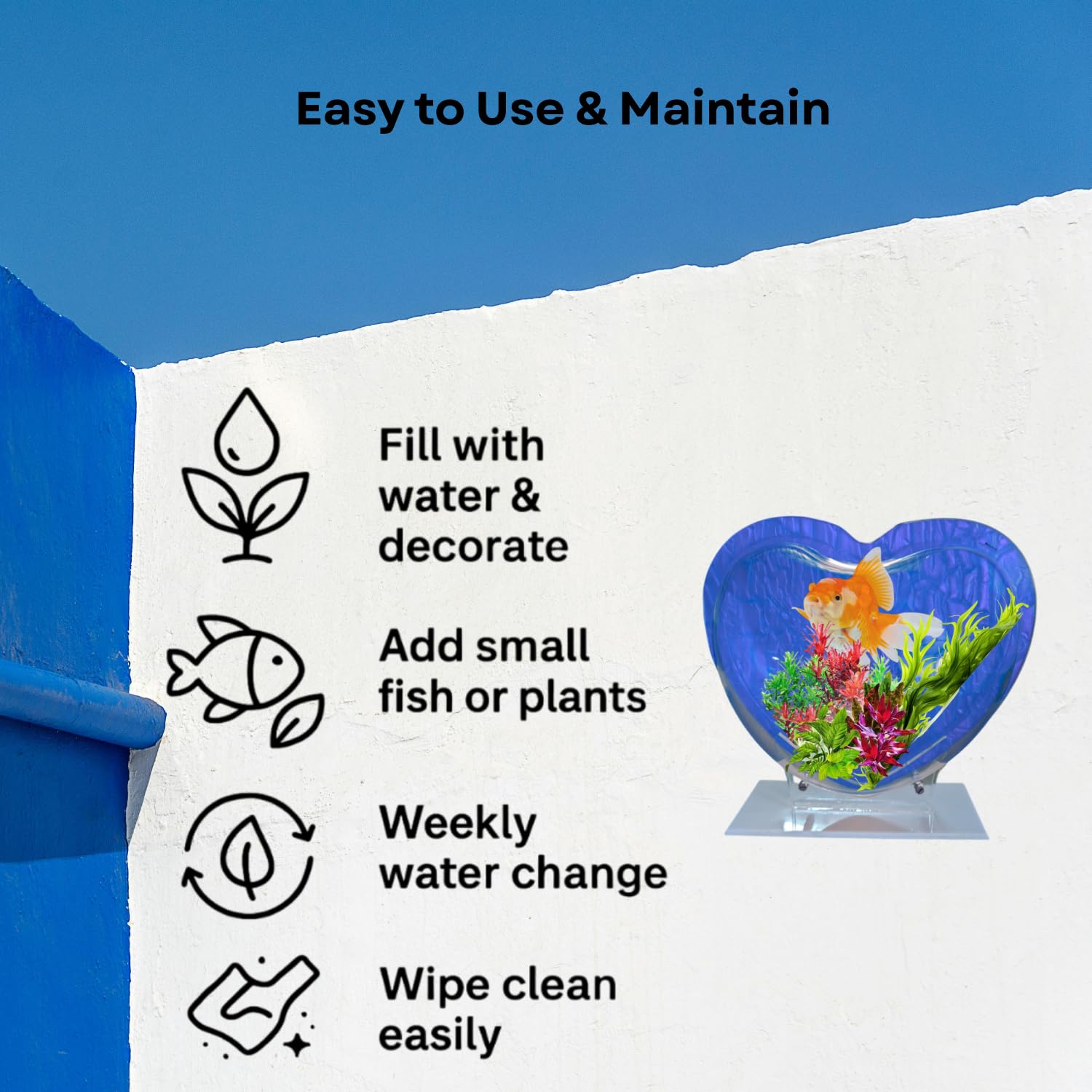 Wall Mount 9-inch Blue Heart Shape Fish Bowl – with Stand | Modern Aquarium for Home, Office & Café Décor | Space Saving Design | Elegant Fish Tank & Plant Terrarium | Compact Design