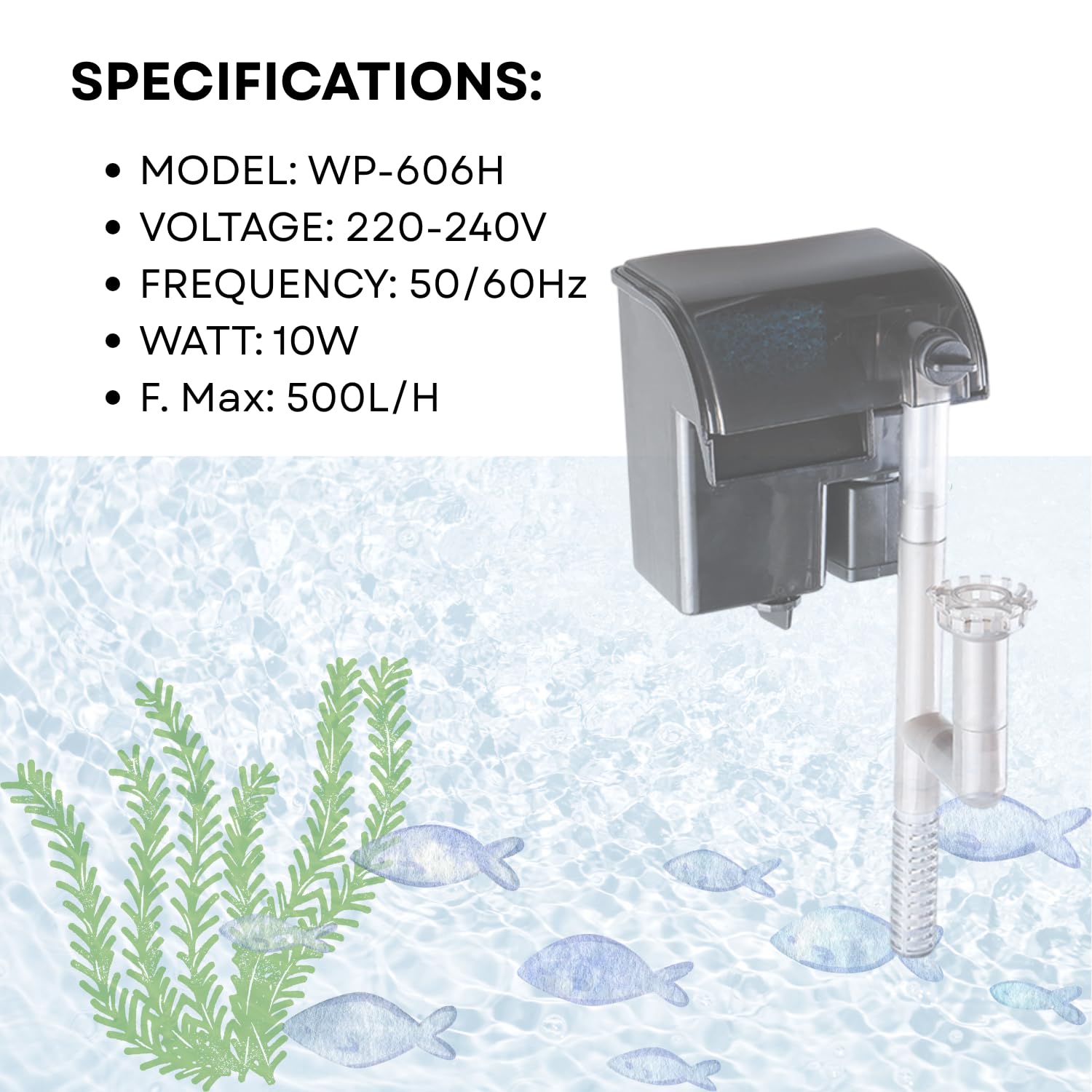 TUNAI S0B0 WP-606H Hanging Filter For Aquarium Fish Tank | Mechanical, Chemical And Biological Filtration |for Freshwater And Marine Water Tank | Power:10W | F.Max: 500L/H | Original from Store