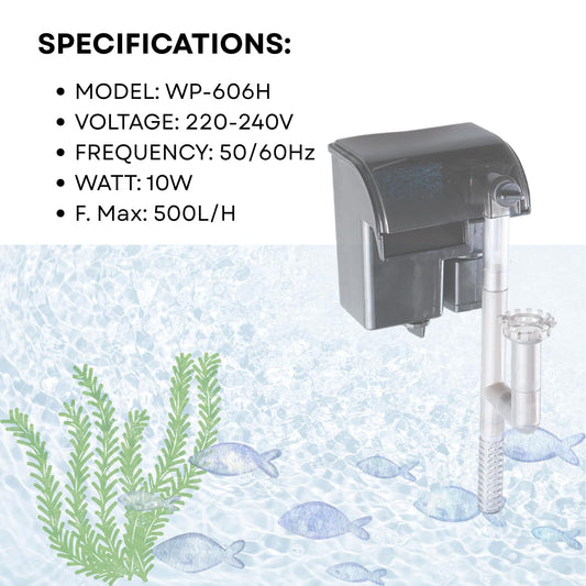 TUNAI S0B0 WP-606H Hanging Filter For Aquarium Fish Tank | Mechanical, Chemical And Biological Filtration |for Freshwater And Marine Water Tank | Power:10W | F.Max: 500L/H | Original from Store