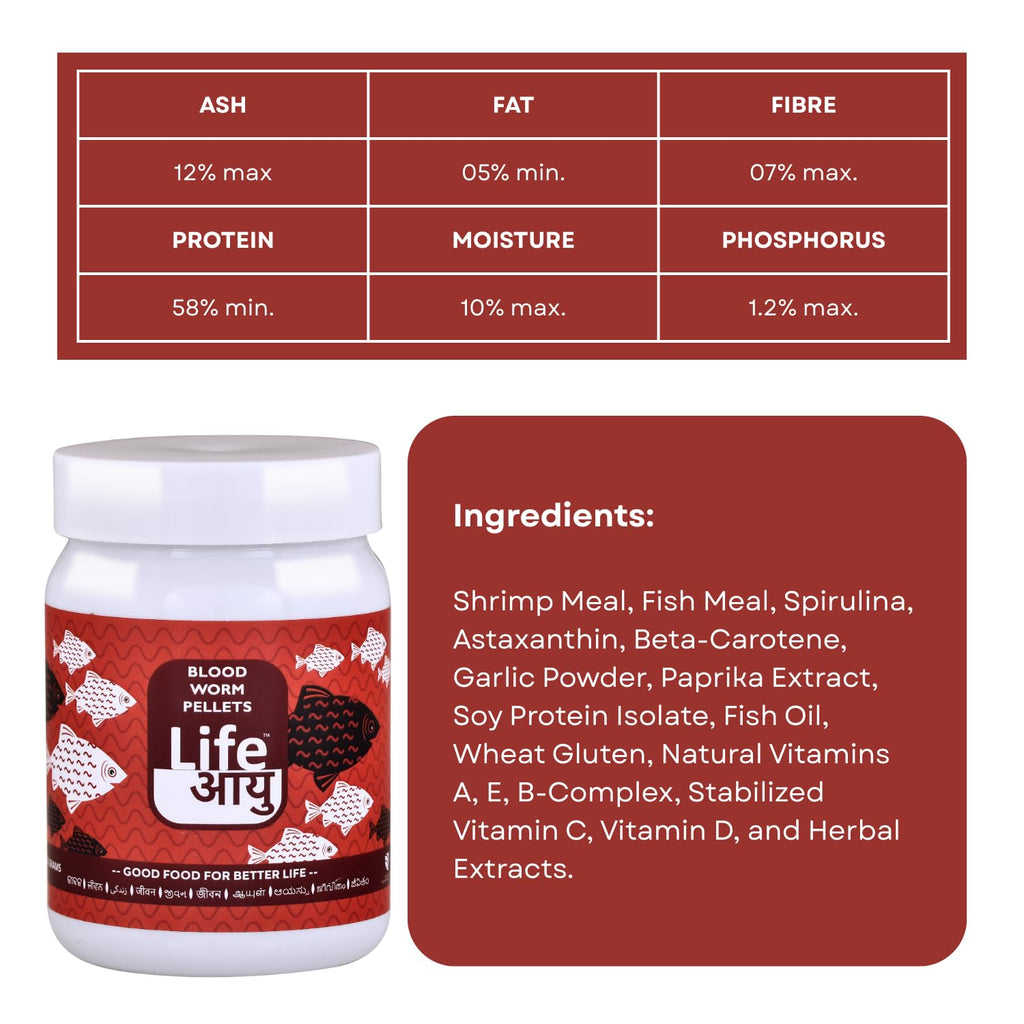 Life AAYU Bloodworm Fish Food | Ayurvedic Based Pellets | (45 GMS)