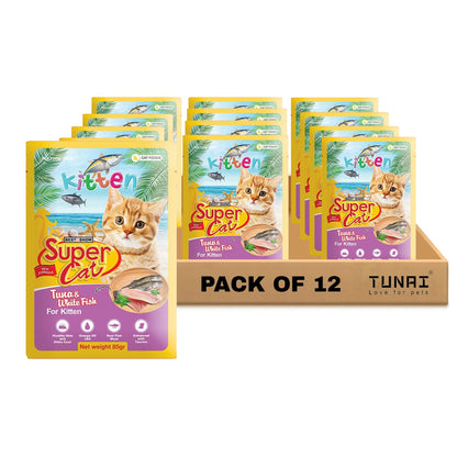 TUNAI SUPERCAT White Fish & Tuna Special Wet Gravy Daily Diet Food For Kittens (PACK OF 12X80g) With the goodness of Protein Fat Rich Sardines, White Fish, Tuna And Taurine, Supports Healthy Skin Coat